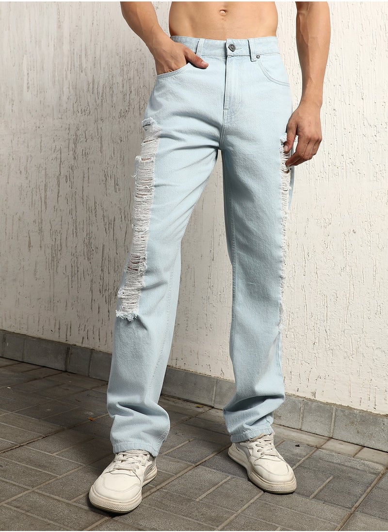 Hubberholme Indigo Relaxed Fit Men’s Jeans, Straight Cut, Highly Distressed, Cotton Fabric  - Image 1