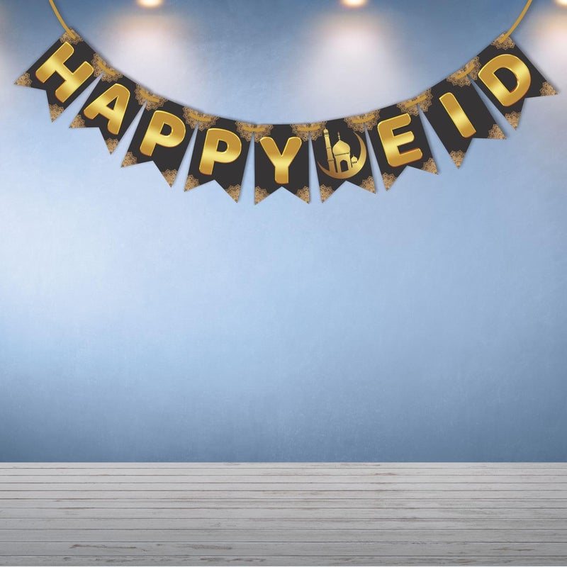 WOBBOX Happy Eid Black & Golden Color Bunting Banner, Ramadan Decoration Items, Eid Mubarak Decorations - Image 1