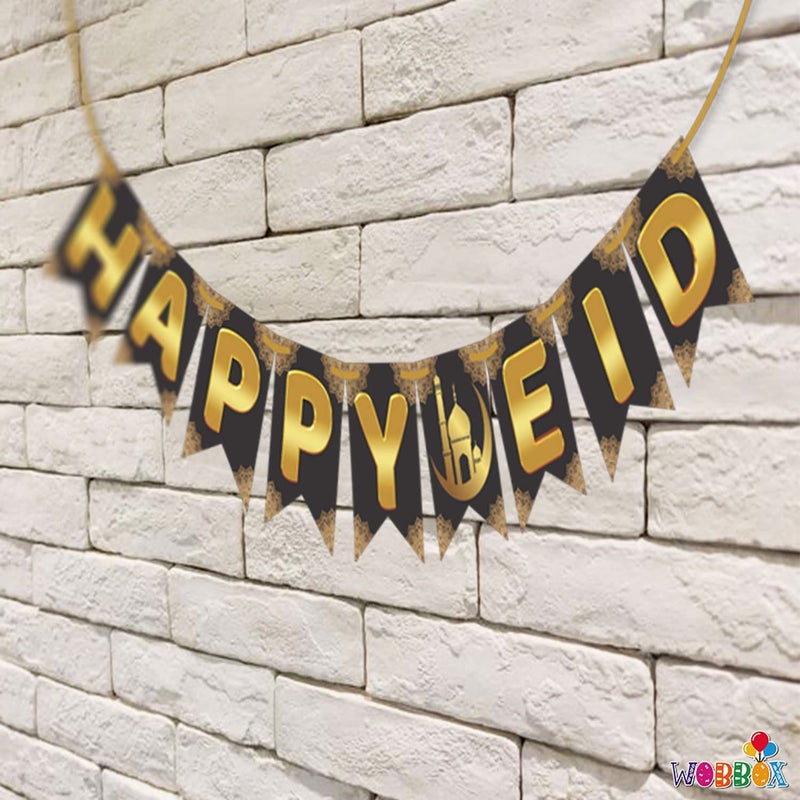 WOBBOX Happy Eid Black & Golden Color Bunting Banner, Ramadan Decoration Items, Eid Mubarak Decorations - Image 4