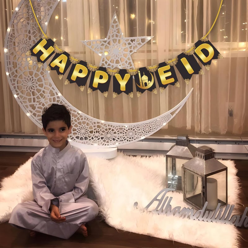 WOBBOX Happy Eid Black & Golden Color Bunting Banner, Ramadan Decoration Items, Eid Mubarak Decorations - Image 5
