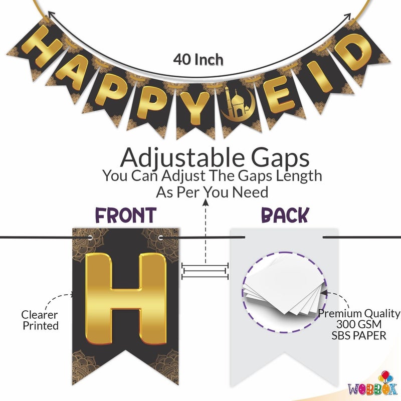 WOBBOX Happy Eid Black & Golden Color Bunting Banner, Ramadan Decoration Items, Eid Mubarak Decorations - Image 3