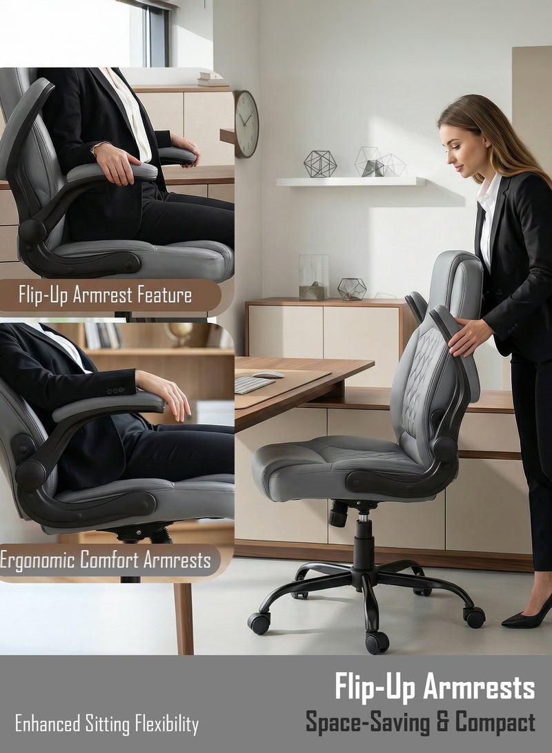 DROGO Ergonomic Office Chair for Work from Home | Computer Chair for Study | PU Leather Executive Boss Chair with Flip-Up Armrest, Cushion Seat & Lumbar Support | Heavy Duty Metal Base Desk Chair Grey - Image 5