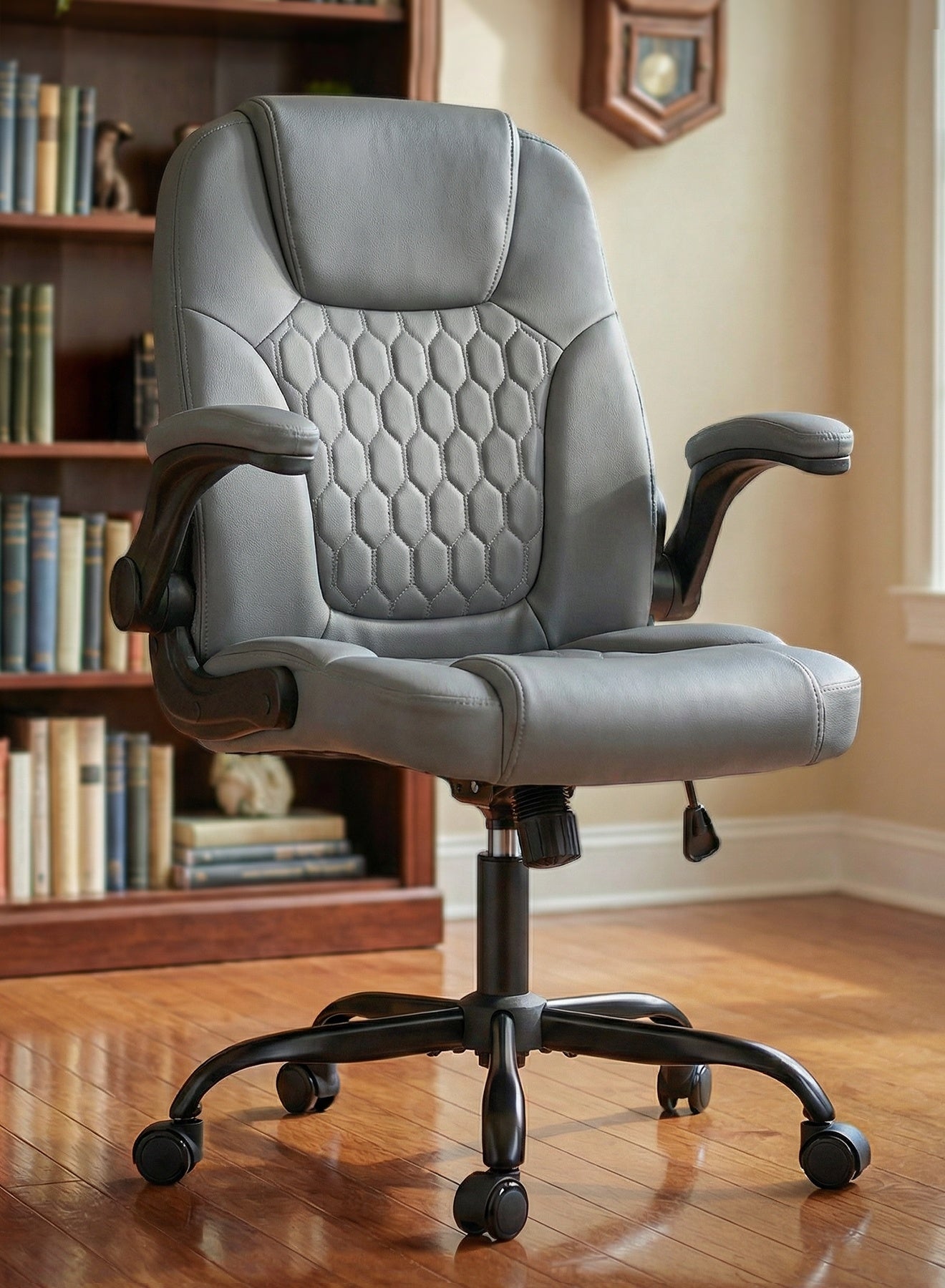 Ergonomic Office Chair for Work from Home | Computer Chair for Study | PU Leather Executive Boss Chair with Flip-Up Armrest, Cushion Seat & Lumbar Support | Heavy Duty Metal Base Desk Chair Grey