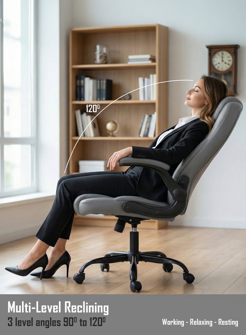 DROGO Ergonomic Office Chair for Work from Home | Computer Chair for Study | PU Leather Executive Boss Chair with Flip-Up Armrest, Cushion Seat & Lumbar Support | Heavy Duty Metal Base Desk Chair Grey - Image 3