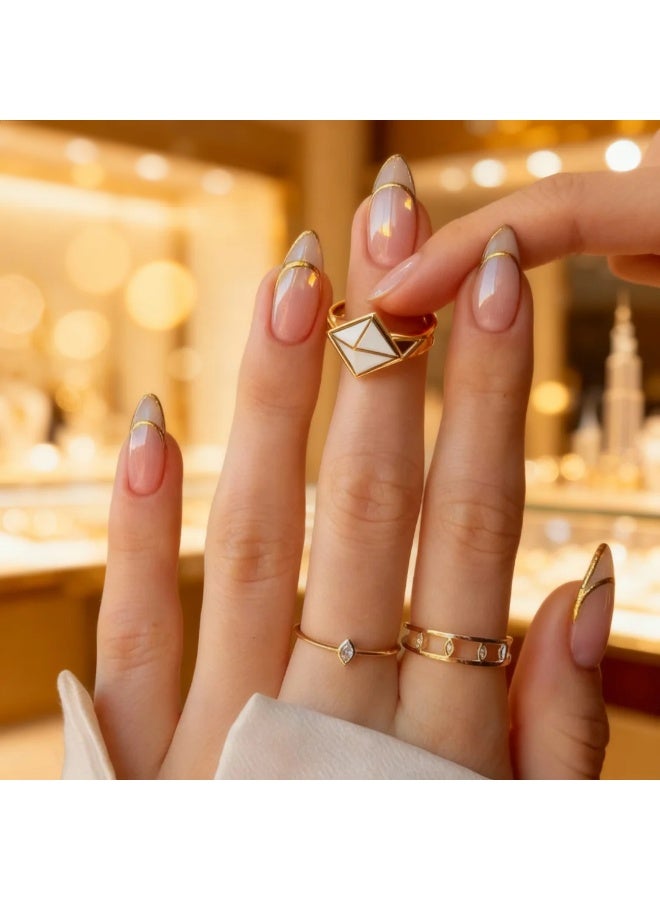 الحياةالبر تقالية مجموعة أظافر تركيب بلون البيج الفاتح بحواف ذهبية – ‎24‎ قطعة شفافة لامعة بتصميم فرنسي أنيق يناسب العمل والأعراس والمناسبات - Image 4