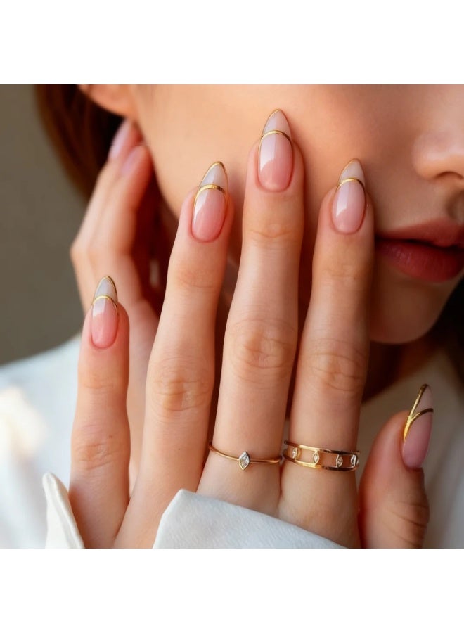 الحياةالبر تقالية مجموعة أظافر تركيب بلون البيج الفاتح بحواف ذهبية – ‎24‎ قطعة شفافة لامعة بتصميم فرنسي أنيق يناسب العمل والأعراس والمناسبات - Image 3