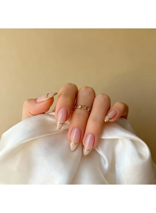 الحياةالبر تقالية مجموعة أظافر تركيب بلون البيج الفاتح بحواف ذهبية – ‎24‎ قطعة شفافة لامعة بتصميم فرنسي أنيق يناسب العمل والأعراس والمناسبات - Image 5