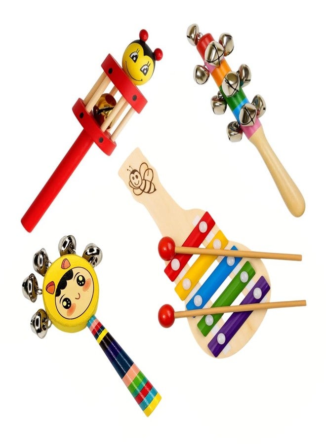 Bloombec Pack of 4 Wooden Non Toxic Colourful Rattle Toys for Newborn Baby, Musical Infant Toy, 3 Rattles and 1 Xylophone, Gift Set Age 0+ (Multicolor) - Image 1