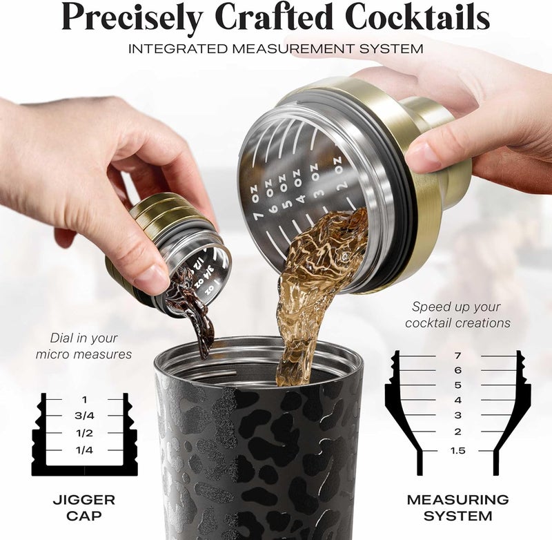 Bare Barrel Insulated Cocktail Shaker Set | Double Wall Stainless Steel | Martini Shaker for Home Bar Bartending | Built-in Drink Measurement System & Strainer, Travel Bag, 35 Recipes | Gift Set (Leopard Gold) - Image 5