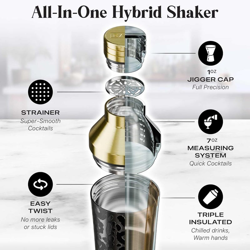 Bare Barrel Insulated Cocktail Shaker Set | Double Wall Stainless Steel | Martini Shaker for Home Bar Bartending | Built-in Drink Measurement System & Strainer, Travel Bag, 35 Recipes | Gift Set (Leopard Gold) - Image 4