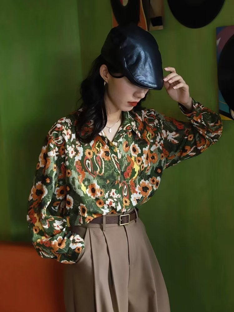 Sister gathering uniform wedding wedding bridesmaid group photo performance clothing 90s retro Hong Kong style floral shirt - Image 2
