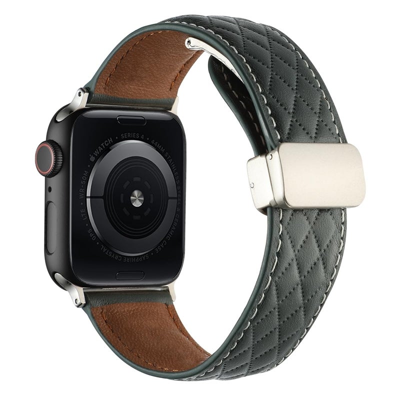 BURAQ Genuine Leather Strap for Apple Watch 38/40/41mm – Rhombus Magnetic Buckle Replacement Band (Dark Green) - Image 2