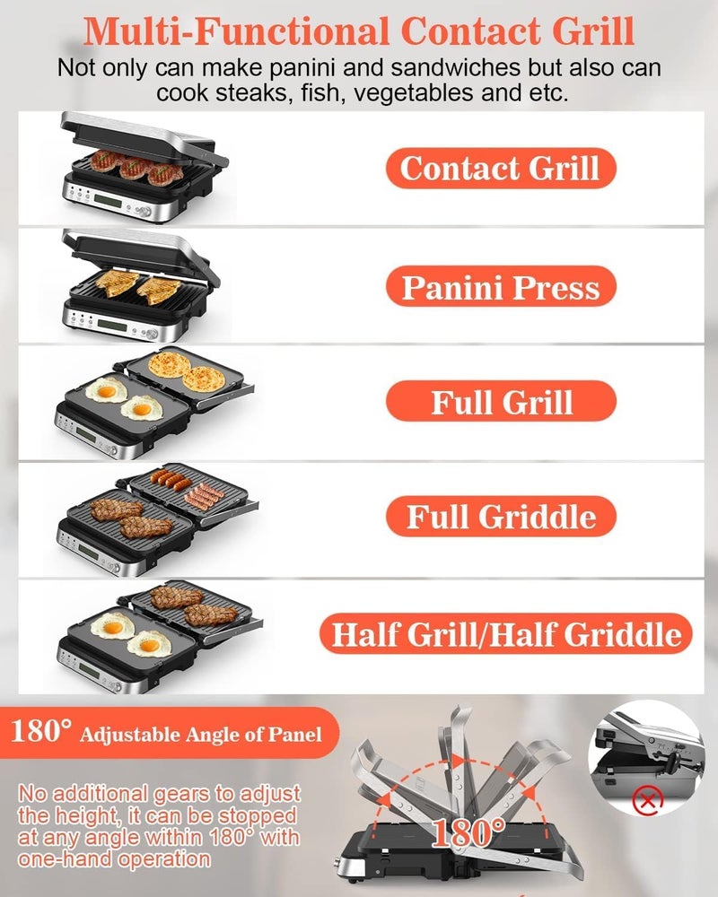 Dxmocos 5-in-1 Indoor Grill, Electric Contact Grill & Griddle, Panini Press, Sandwich Maker with Meat Thermometer, LCD Display, Stainless Steel, Ceramic Nonstick, PFAS-Free, 2000W - Image 5