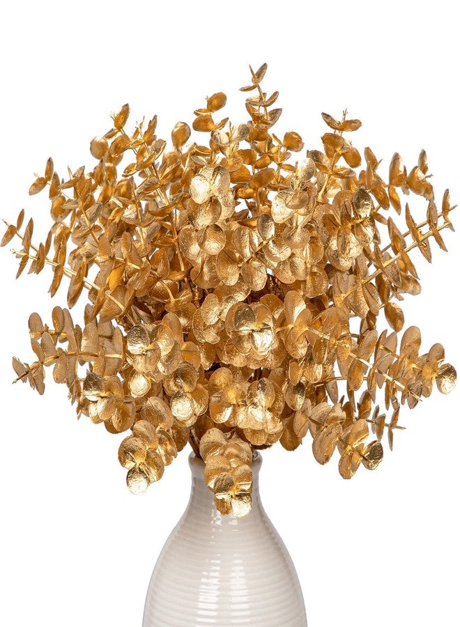 GnFlus Artificial Gold Eucalyptus Stems 4 Pcs Christmas Fake Fall Flower Arrangement Faux Floral Decor for Home Table Centerpieces Wedding Party Autumn Bouquet Home Farmhouse Vase - Image 1