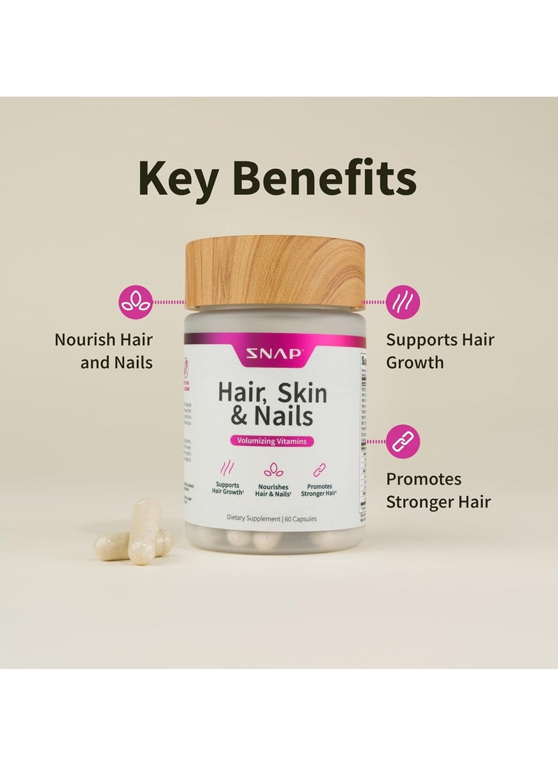 SNAP SUPPLEMENTS - Hair, Skin & Nails Volumizing Vitamins Supports Hair Growth, and Nourishes Hair and Nails,Promotes Stronger Hair Dietary Supplement - 60 Capsules - Image 1