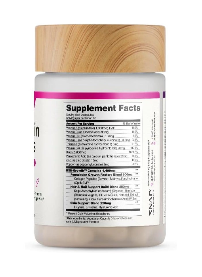 SNAP SUPPLEMENTS - Hair, Skin & Nails Volumizing Vitamins Supports Hair Growth, and Nourishes Hair and Nails,Promotes Stronger Hair Dietary Supplement - 60 Capsules - Image 1