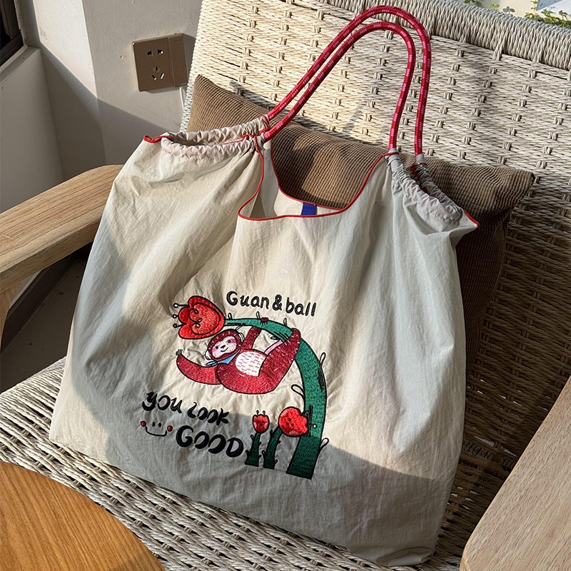 New Summer Japanese Niche Embroidered Nylon Shopping Bag Large Capacity Niche All-Match Fashionable Portable Shoulder Bag For Women - Image 2