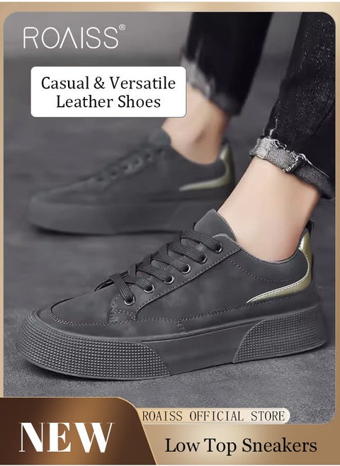Men Casual Low Top Leather Sneakers Thick Soled Flat Shoes Breathable Non Slip and Versatile with Shoe Lace Design Colorblock Sneakers