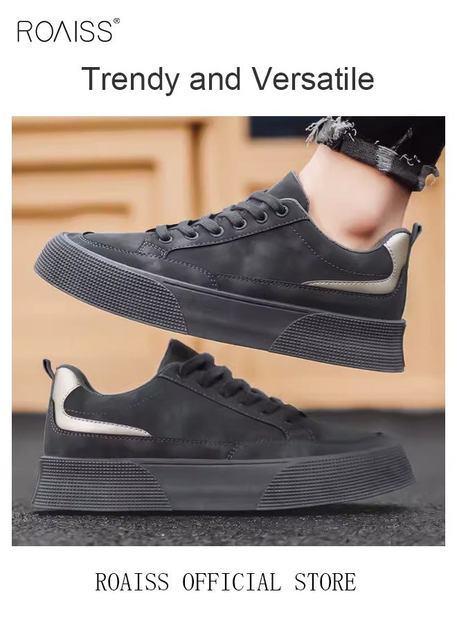 Men Casual Low Top Leather Sneakers Thick Soled Flat Shoes Breathable Non Slip and Versatile with Shoe Lace Design Colorblock Sneakers