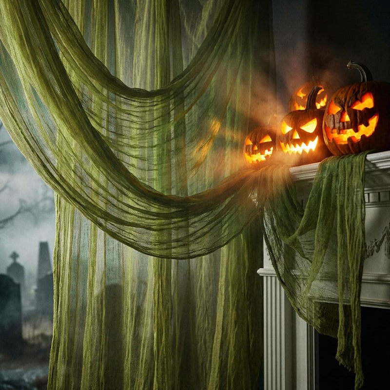 RunNico 400''x85'' Large Size Halloween Green Scary Gauze, Fine Yarn Green Creepy Cloth for Haunted House, Spooky Fabric Hanging Decoration for Horror Themed Nightmare Party Porch Yard Wall Decor - Image 1