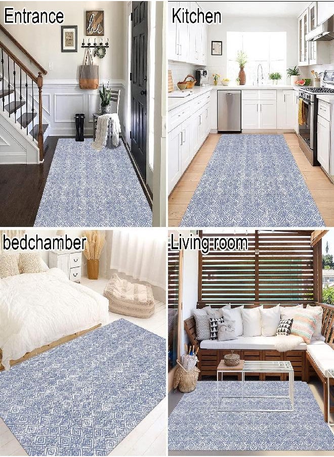 HEBE - HEBE Large Boho Area Rug 4'x6' Machine Washable Vintage Bohemian Rug Cotton Boho Outdoor Rug Farmhouse Floor Carpet for Kitchen Entryway Living Room Bedroom Decor,Blue - Image 1