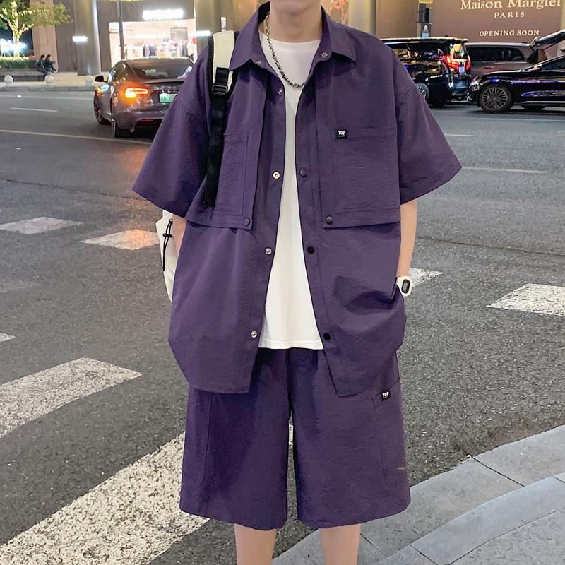 Youth Workwear Suit Men'S Summer Loose Short-Sleeved Shirt Shorts Casual Large Size Suit - Image 3