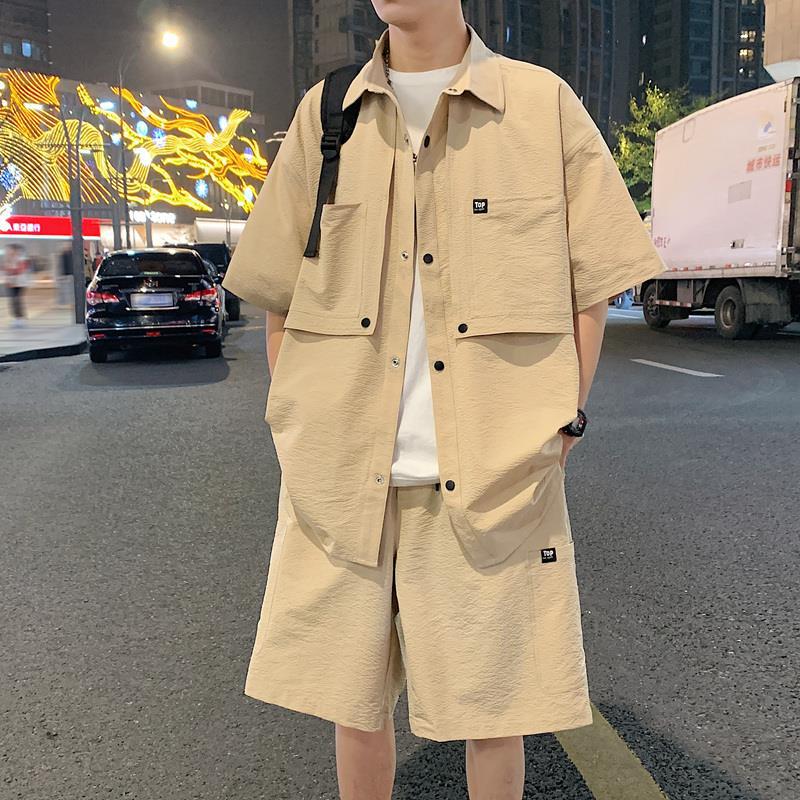 Youth Workwear Suit Men'S Summer Loose Short-Sleeved Shirt Shorts Casual Large Size Suit - Image 2