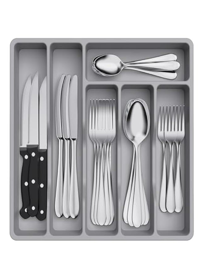 تراسل صينية تنظيم للادراج الفضية من بيبي، تخزين ادوات المائدة البلاستيكية لادراج المطبخ، مقسم حامل ادوات المائدة والمعالق والشوك والسكاكين، 6 مساحات تخزين (رمادي) - Image 1