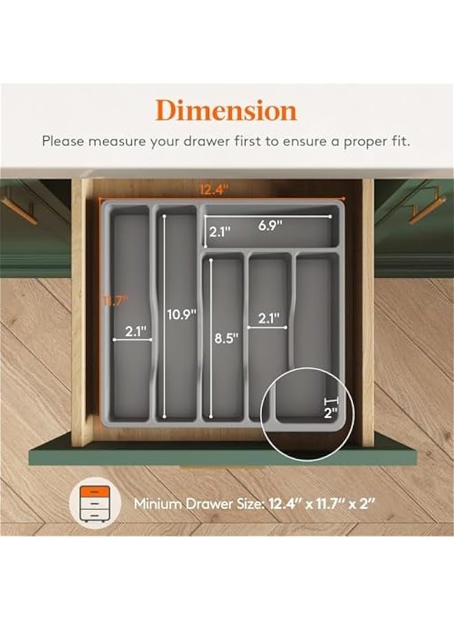 تراسل صينية تنظيم للادراج الفضية من بيبي، تخزين ادوات المائدة البلاستيكية لادراج المطبخ، مقسم حامل ادوات المائدة والمعالق والشوك والسكاكين، 6 مساحات تخزين (رمادي) - Image 2