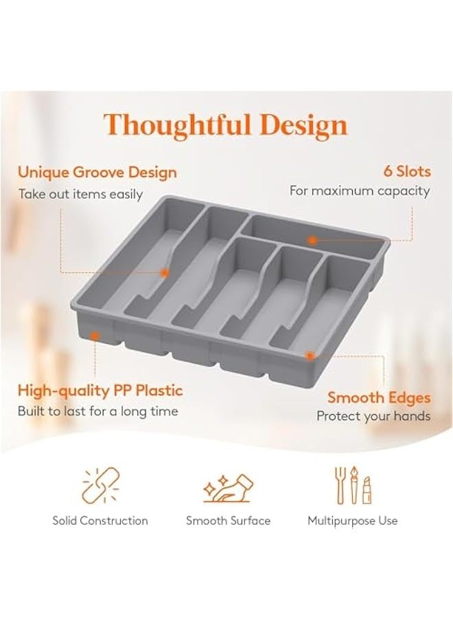 تراسل صينية تنظيم للادراج الفضية من بيبي، تخزين ادوات المائدة البلاستيكية لادراج المطبخ، مقسم حامل ادوات المائدة والمعالق والشوك والسكاكين، 6 مساحات تخزين (رمادي) - Image 3
