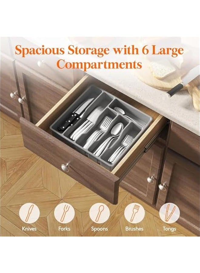 تراسل صينية تنظيم للادراج الفضية من بيبي، تخزين ادوات المائدة البلاستيكية لادراج المطبخ، مقسم حامل ادوات المائدة والمعالق والشوك والسكاكين، 6 مساحات تخزين (رمادي) - Image 4