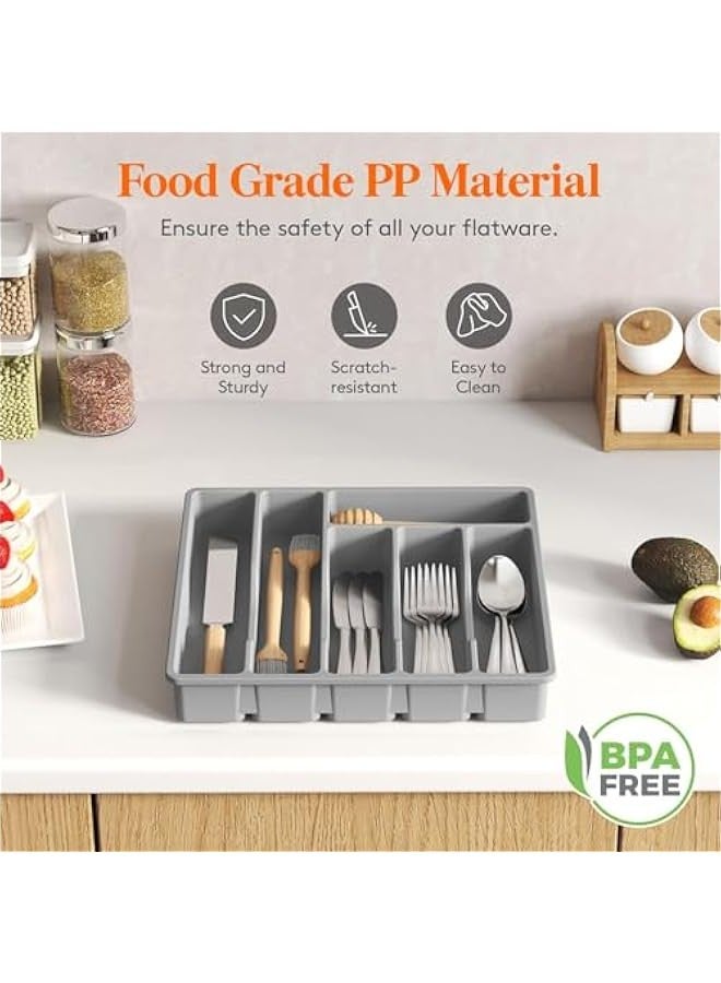 تراسل صينية تنظيم للادراج الفضية من بيبي، تخزين ادوات المائدة البلاستيكية لادراج المطبخ، مقسم حامل ادوات المائدة والمعالق والشوك والسكاكين، 6 مساحات تخزين (رمادي) - Image 5