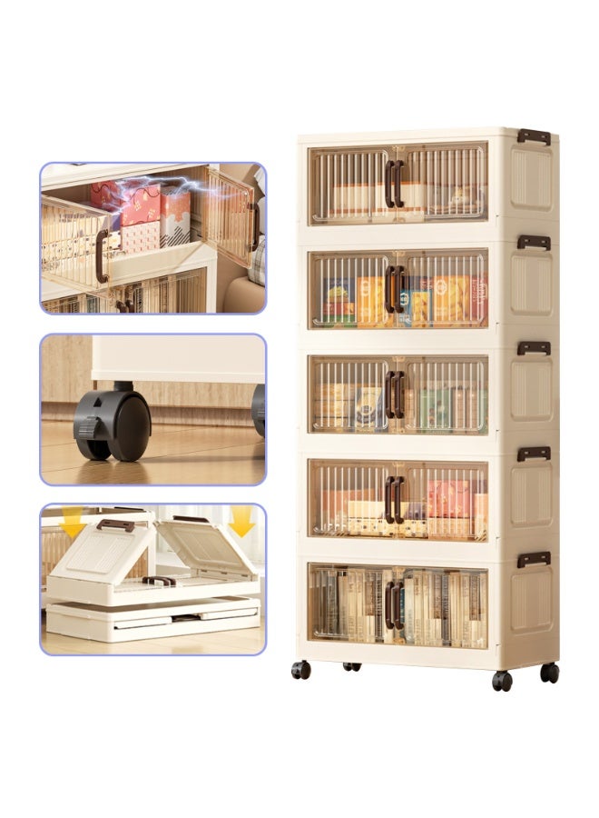 هومار كيت صناديق تخزين بخمس طبقات مع أغطية، منظمات خزانة قابلة للتكديس وتخزين بعجلات، صناديق تخزين قابلة للطي، حاويات تخزين بلاستيكية قابلة للطي مع باب شفاف للمنزل والمكتب وغرفة النوم - بيج - Image 2