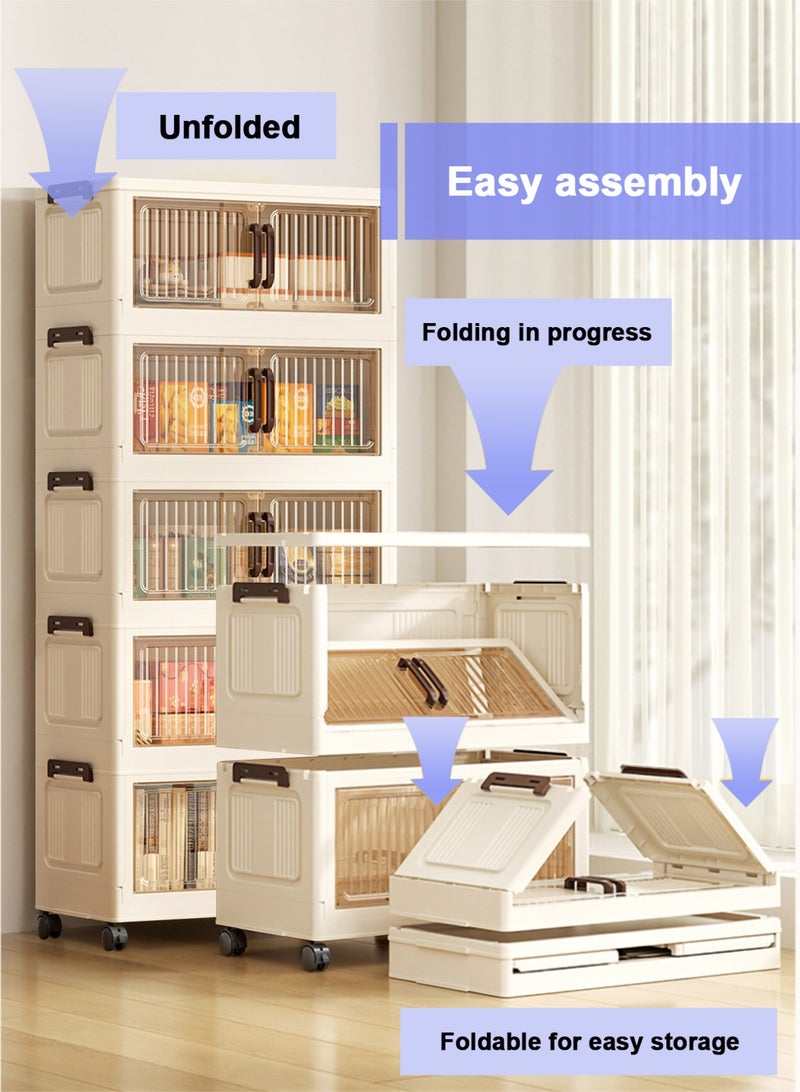 هومار كيت صناديق تخزين بخمس طبقات مع أغطية، منظمات خزانة قابلة للتكديس وتخزين بعجلات، صناديق تخزين قابلة للطي، حاويات تخزين بلاستيكية قابلة للطي مع باب شفاف للمنزل والمكتب وغرفة النوم - بيج - Image 4