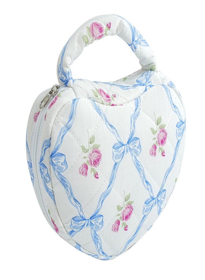 JOVAKIT Quilted Heart Shaped Makeup Bag Cosmetic Bag for Women with Handle, Floral Coquette Cotton Travel Makeup Case Toiletry Zipper Make Up Pouch, Travel Storage Organizer Stuff (Blue Bowknot) - Image 1