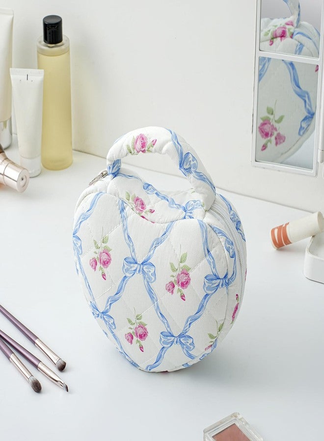 JOVAKIT Quilted Heart Shaped Makeup Bag Cosmetic Bag for Women with Handle, Floral Coquette Cotton Travel Makeup Case Toiletry Zipper Make Up Pouch, Travel Storage Organizer Stuff (Blue Bowknot) - Image 3