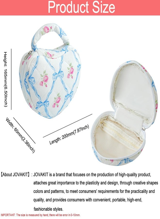 JOVAKIT Quilted Heart Shaped Makeup Bag Cosmetic Bag for Women with Handle, Floral Coquette Cotton Travel Makeup Case Toiletry Zipper Make Up Pouch, Travel Storage Organizer Stuff (Blue Bowknot) - Image 4