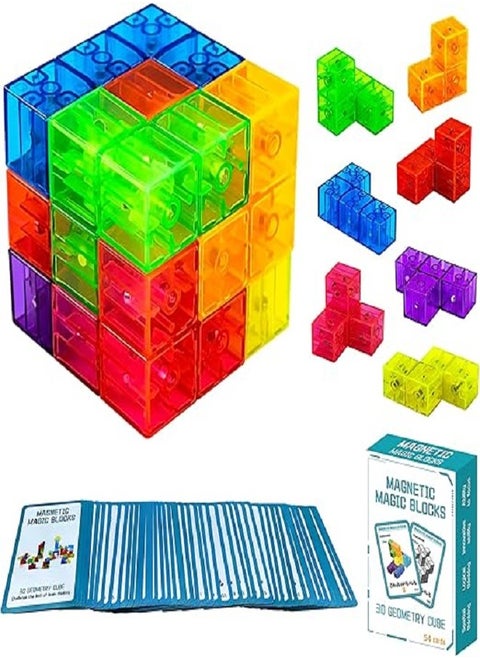 Magnetic Building Blocks Magic Magnetic 3D Puzzle Cubes, Set of 7 Multi Shapes Magnetic Blocks with 54 Guide Cards, Children's Educational Toys and Stress Relief Fidget Toys for Kids Adults