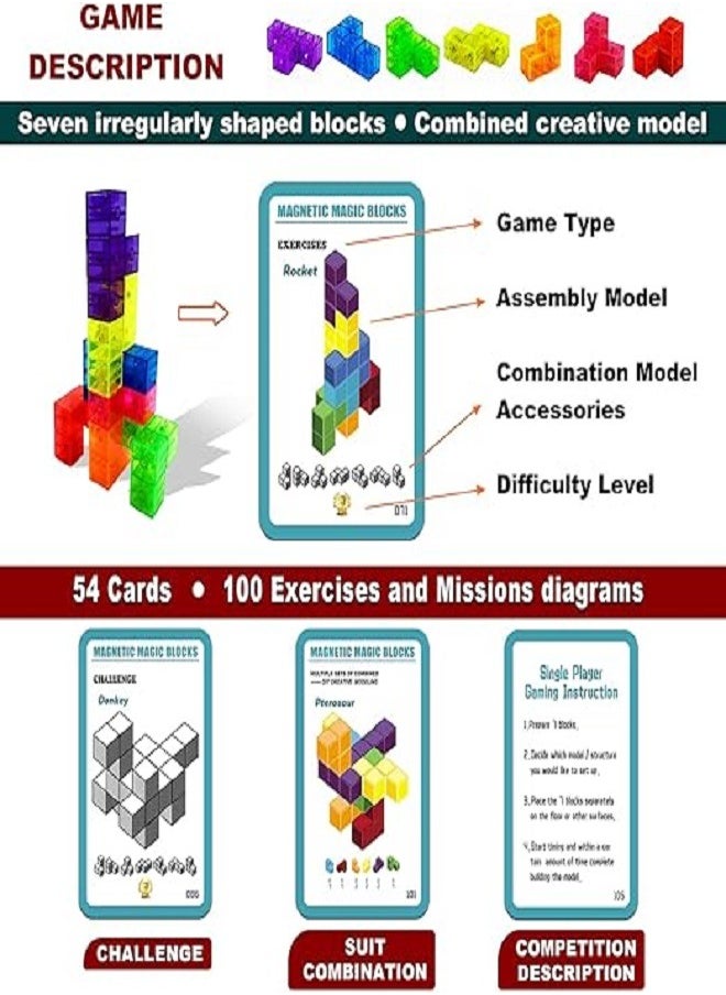 null - Magnetic Building Blocks Magic Magnetic 3D Puzzle Cubes, Set of 7 Multi Shapes Magnetic Blocks with 54 Guide Cards, Children's Educational Toys and Stress Relief Fidget Toys for Kids Adults - Image 1