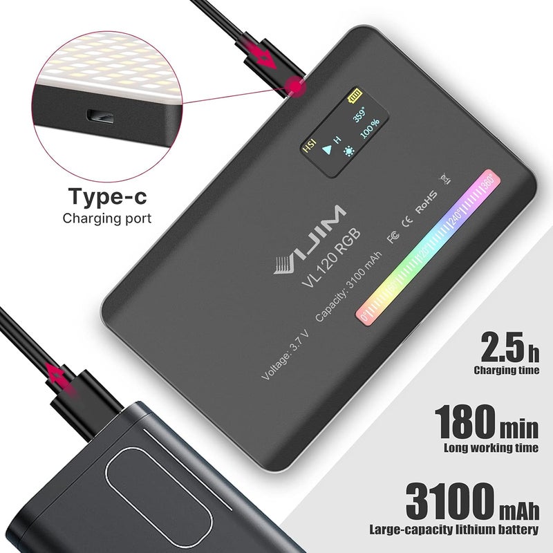 VIJIM VL120 RGB LED، مصباح فيديو بحجم 5 بوصات، قابل للتعديل في السطوع (2500K-9000K)، مزود بمقبس تثبيت خاص بالكاميرات (Cold Shoe Mount)، بطارية داخلية سعتها 3100 مللي أمبير ساعة، معدل تشبه الطبيعي (CRI) أكثر من 95%، مناسب لتصوير الفيديو باستخدام كاميرات DSLR. - Image 4