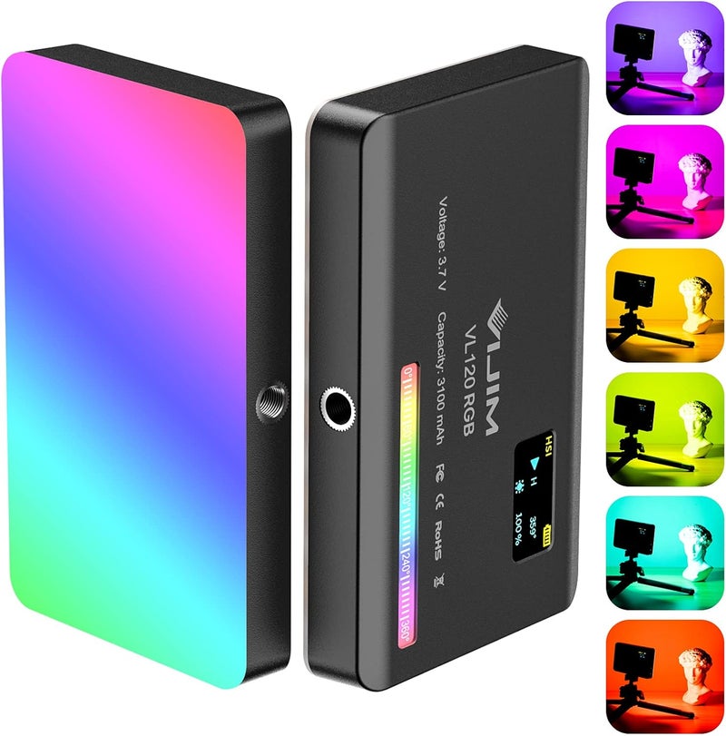 VIJIM VL120 RGB LED، مصباح فيديو بحجم 5 بوصات، قابل للتعديل في السطوع (2500K-9000K)، مزود بمقبس تثبيت خاص بالكاميرات (Cold Shoe Mount)، بطارية داخلية سعتها 3100 مللي أمبير ساعة، معدل تشبه الطبيعي (CRI) أكثر من 95%، مناسب لتصوير الفيديو باستخدام كاميرات DSLR. - Image 1