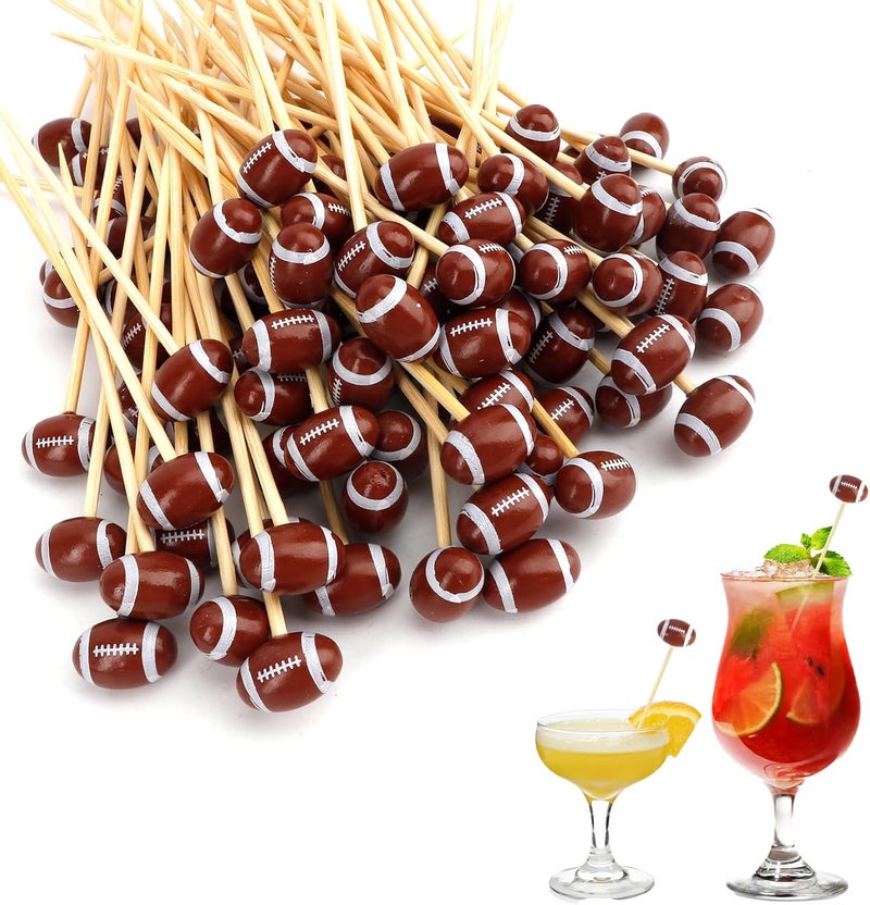 Leislam Cocktail Picks, 100PCS Football Toothpicks, Toothpicks for Appetizers, Bamboo Cocktail Toothpicks, 4.72 Inch Food Picks for Drinks for Sport Events Football Party Decorations Supplies(Football 3D) - Image 1