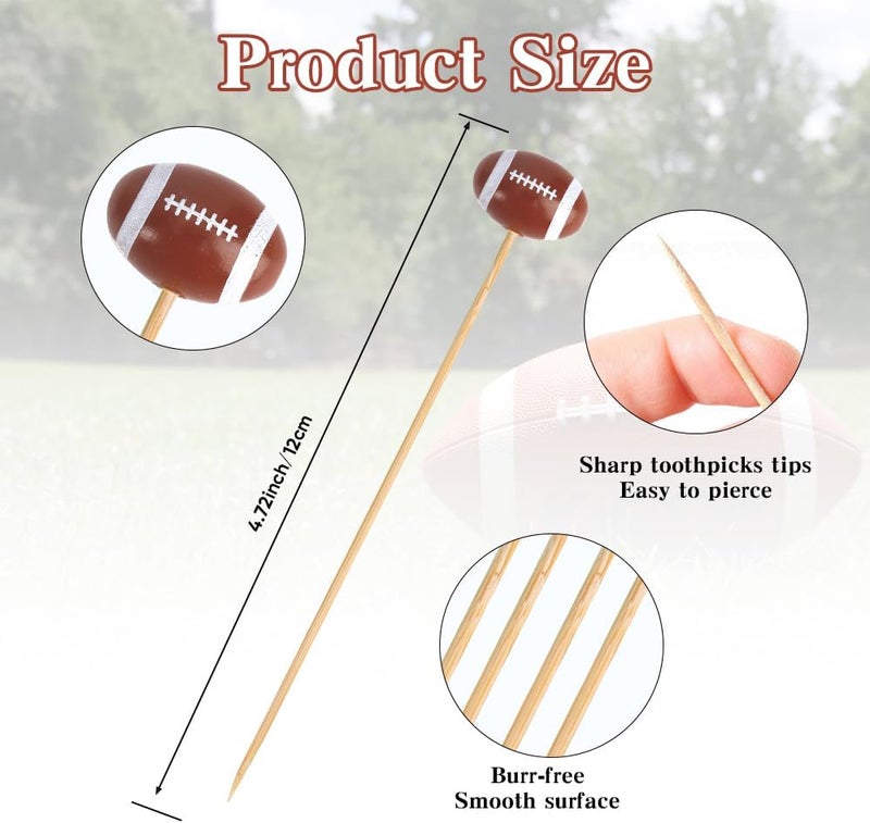 Leislam Cocktail Picks, 100PCS Football Toothpicks, Toothpicks for Appetizers, Bamboo Cocktail Toothpicks, 4.72 Inch Food Picks for Drinks for Sport Events Football Party Decorations Supplies(Football 3D) - Image 3