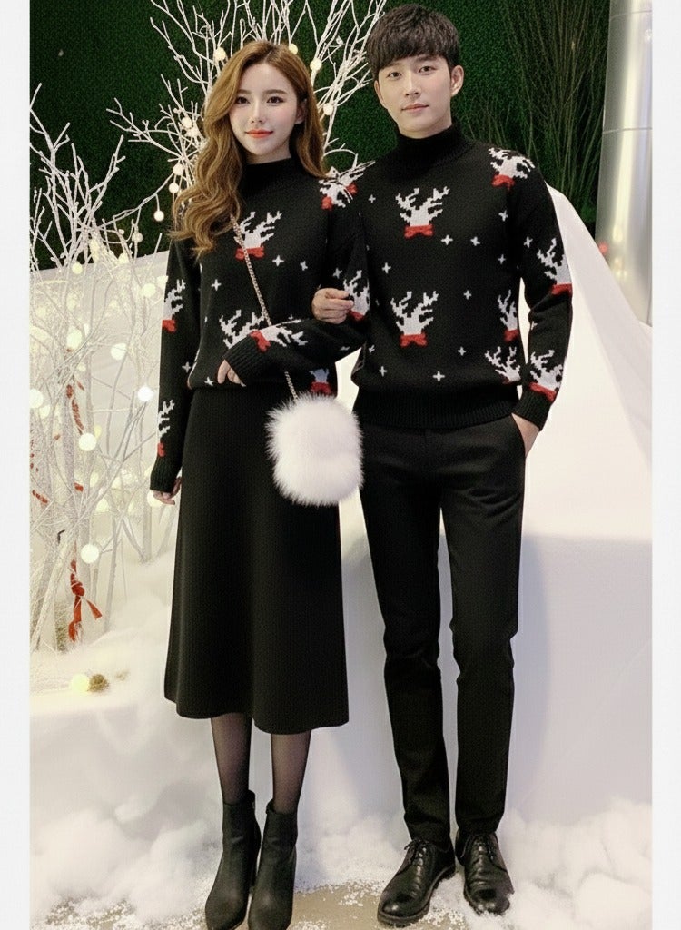 A.M festive Christmas outfit, centered around a vibrant black pullover sweater with a white reindeer and snowflake pattern