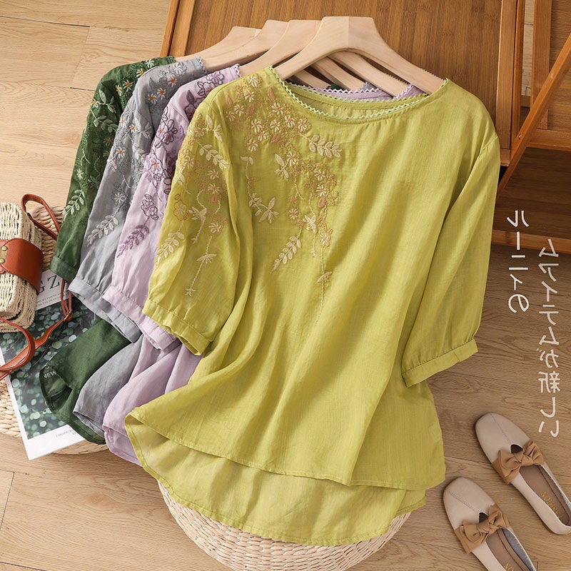 Artistic Cotton and Linen Embroidered Casual Womens Clothing Summer New Arrival plus size Mother Loose Simple Short-Sleeved Retro Top T-Shirt green - Image 4