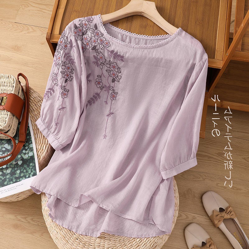 Artistic Cotton and Linen Embroidered Casual Womens Clothing Summer New Arrival plus size Mother Loose Simple Short-Sleeved Retro Top T-Shirt green - Image 3