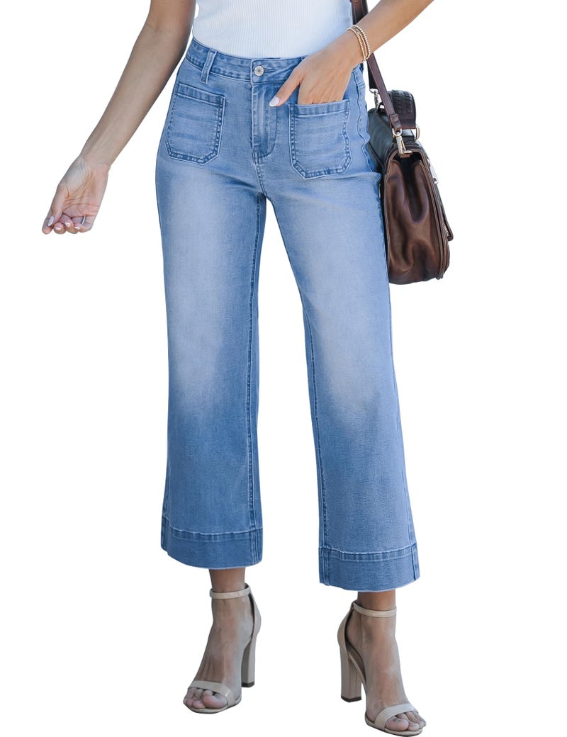 luvamia Wide Leg Jeans for Women Trendy High Waisted Flare Jeans Cropped Denim Pants Stretchy Baggy with Patch Pockets Ladies Jeans for Women Trendy Stretch Medium Blue Size X-Large Size 16 Size 18 - Image 1