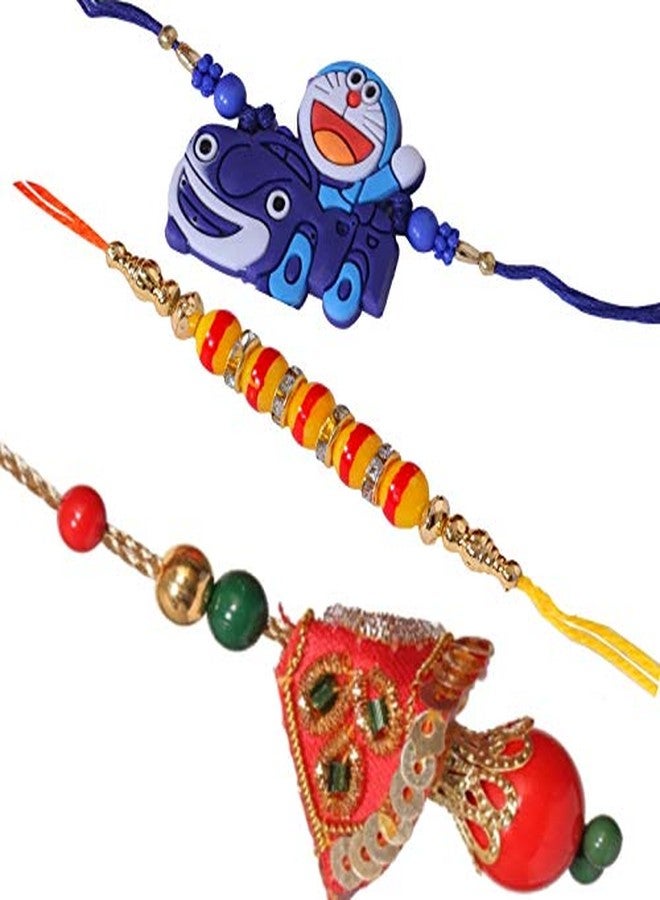 Suninow Designer Bead Rakhi for Brother,LUMBA for BHABHI and DOREMON Rakhi for Kids Combo