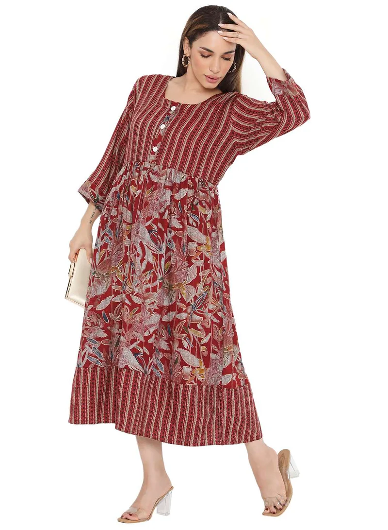 HANA & SARA STYLISH PRINTED SHORT FRONT STYLED BUTTON ARABIC KAFTAN JALABIYA DRESS