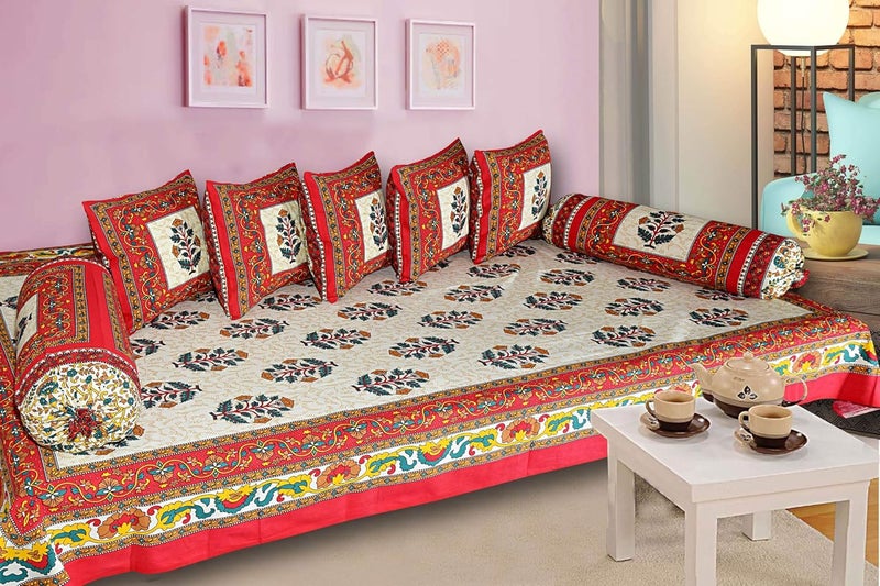 SkyKross - Everyday A New Thing SkyKross Everyday A New Thing Special Floral Pure Soft Cotton Diwan Cover Set 8 Pcs Set 5 Cushion Cover2 Bolster Cover1 Bedsheet RED - Image 1